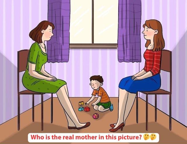 Two women sit opposite each other as a child plays in the middle, sparking the question: Who is the real mother?